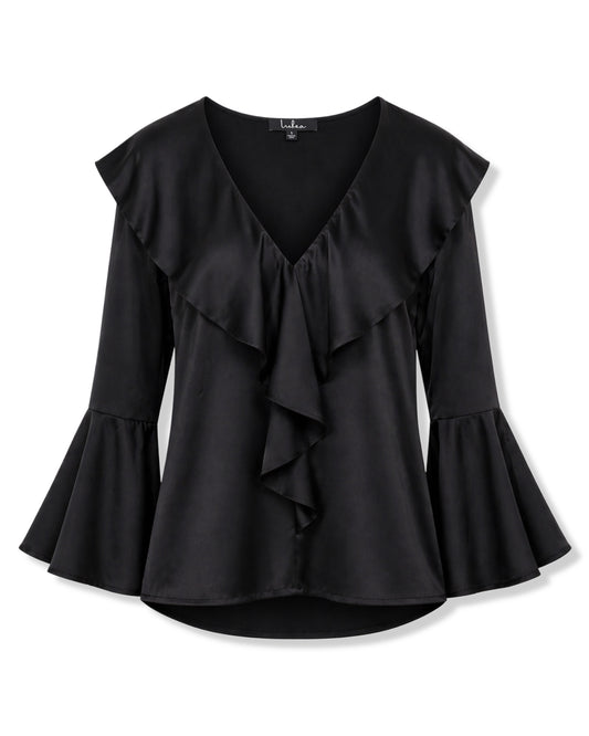 BLUSA NEGRA SATINADA CON VOLANTES Y MANGAS ACAMPANADAS | LULUS | TALLA S