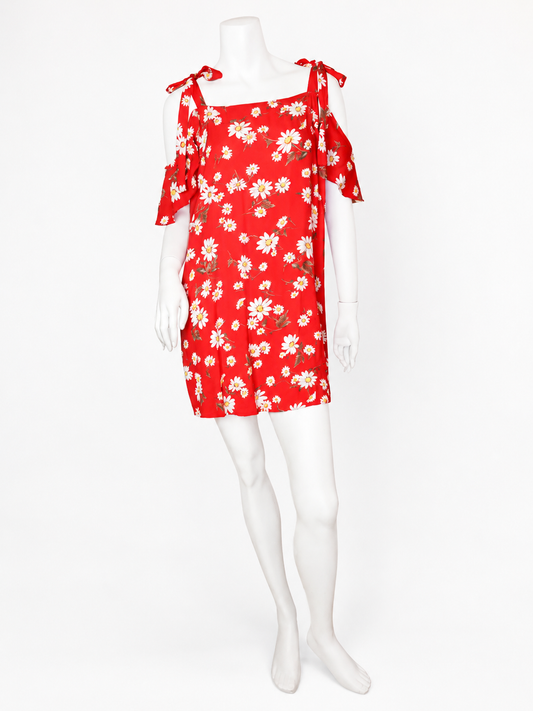 VESTIDO ROJO CON FLORES Y HOMBROS DESCUBIERTOS | FOREVER 21 | TALLA S
