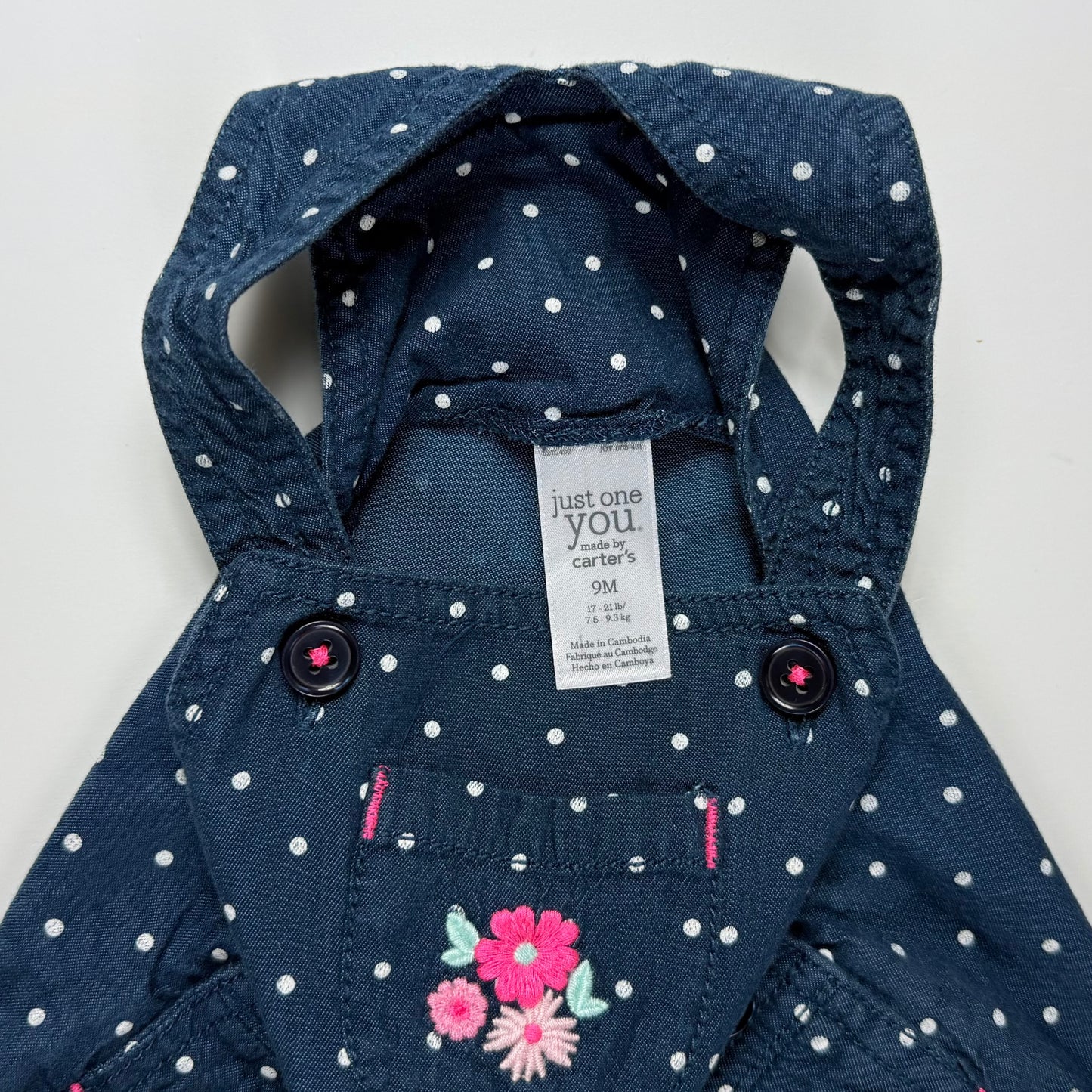 OVEROL CON LUNARES Y BORDADO FLORAL PARA BEBÉS | CARTER’S | TALLA 9M