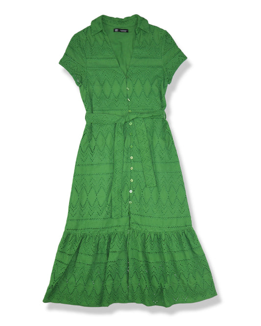 VESTIDO MIDI VERDE CON BORDADO TIPO EYELET | ZERO INON | TALLA XS