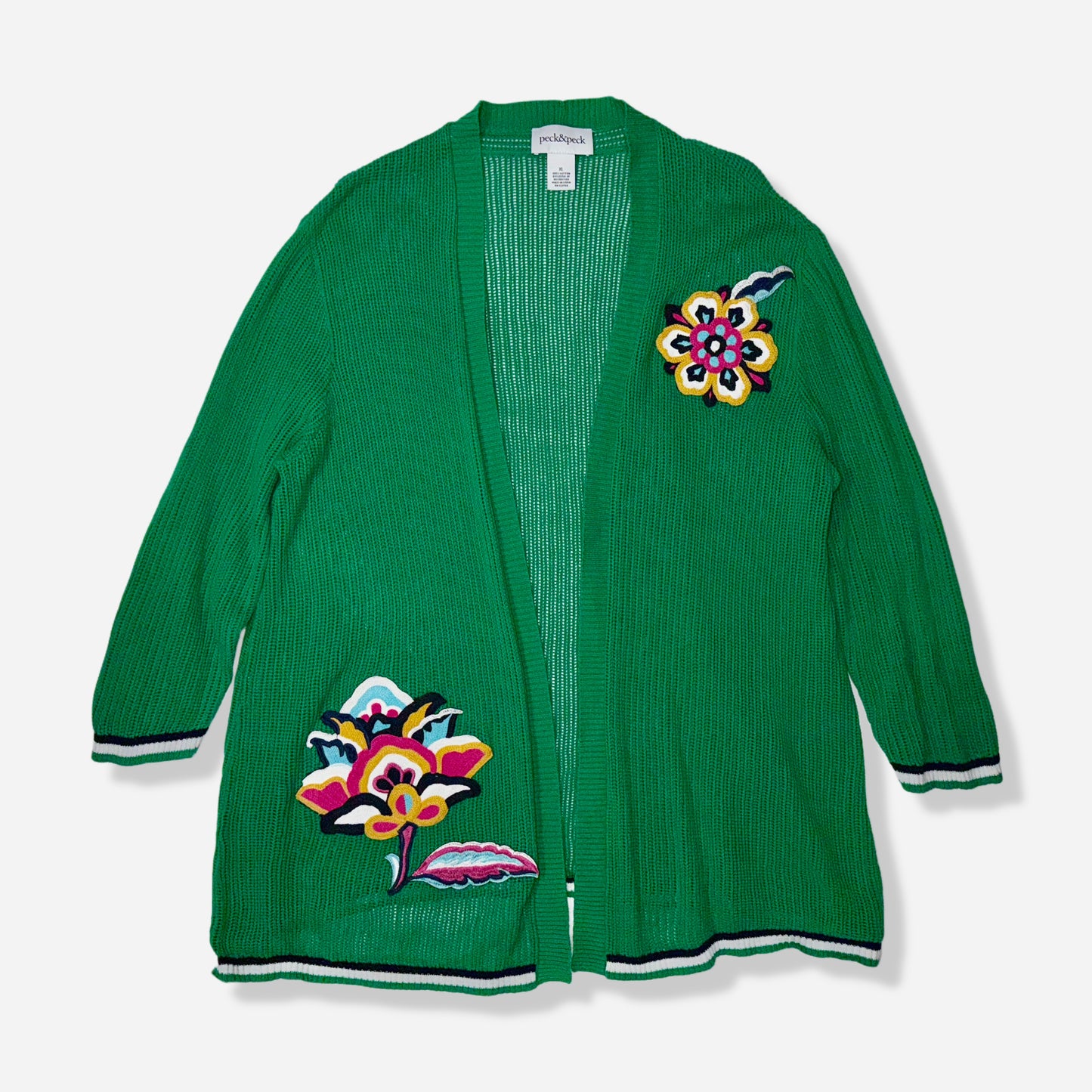 CARDIGAN VERDE CON APLICACIONES FLORALES | PECK & PECK | XL