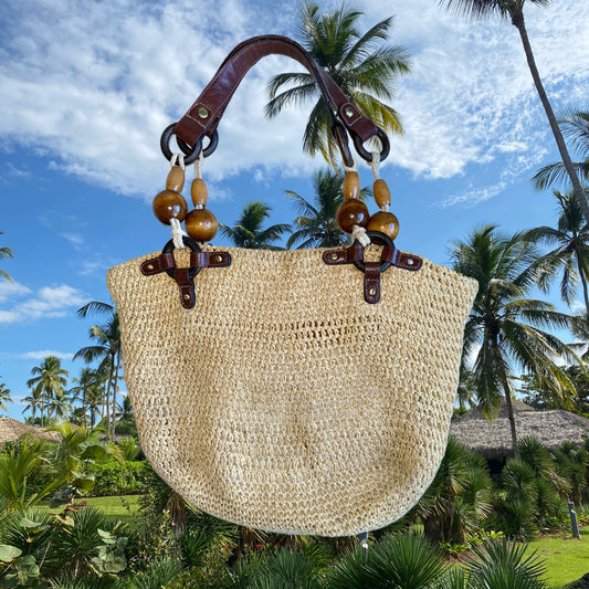 TOTE DE RAFIA VINTAGE CON DETALLES DE MADERA | FOSSIL