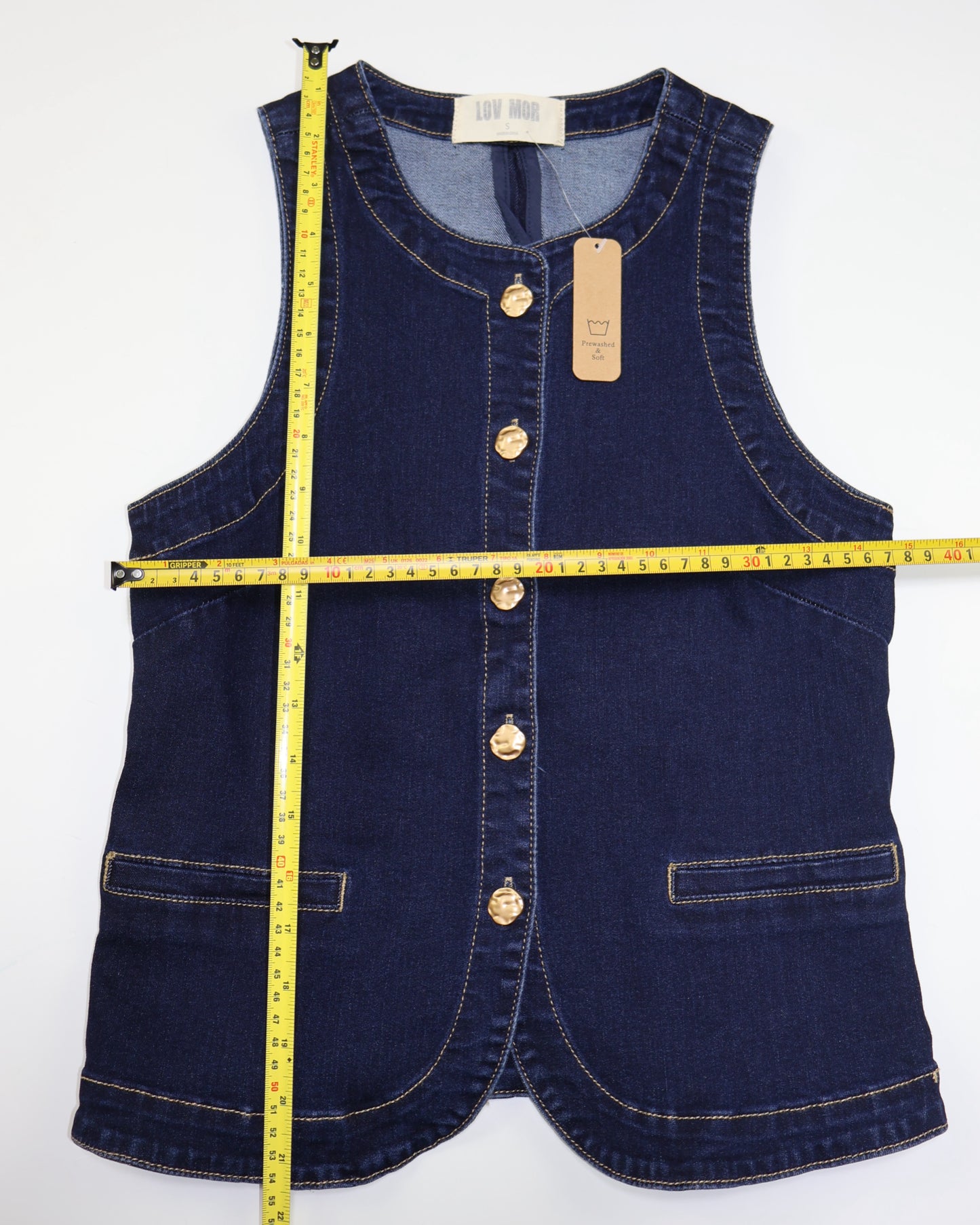 NUEVO CON ETIQUETA | CHALECO DENIM AZUL OSCURO CON BOTONES DORADOS | LOV MOR | TALLA S