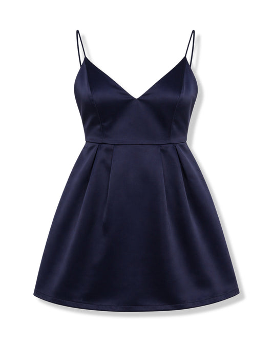VESTIDO MINI SATINADO AZUL MARINO CON TIRANTES FINOS | L’ATISTE | TALLA S