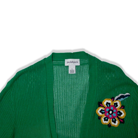 CARDIGAN VERDE CON APLICACIONES FLORALES | PECK & PECK | XL