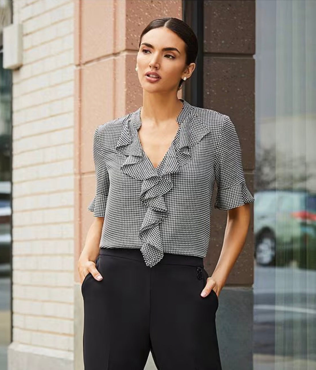 BLUSA HOUNDSTOOTH CON VOLANTES FRONTALES | KARL LAGERFELD | TALLA XL