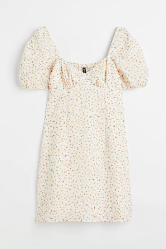 VESTIDO CORTO CON MANGAS ABULLONADAS Y ESTAMPADO FLORAL | H&M | TALLA S