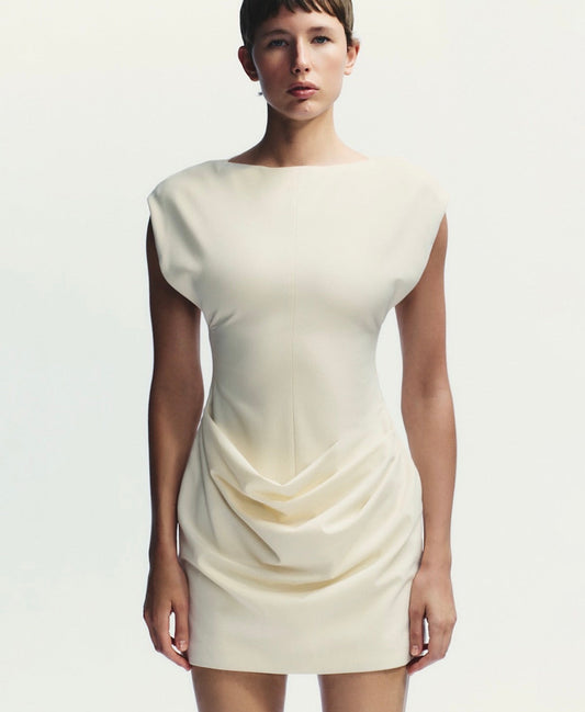 NUEVO CON ETIQUETA | VESTIDO MINI CREMA CON DRAPEADO | ZARA | TALLA S