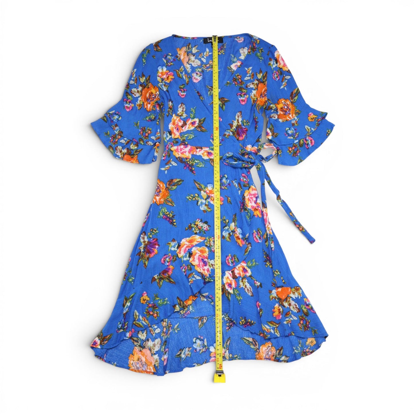 VESTIDO HIGH-LOW AZUL CON LAZO Y ESTAMPADO FLORAL | LULUS | TALLA XS
