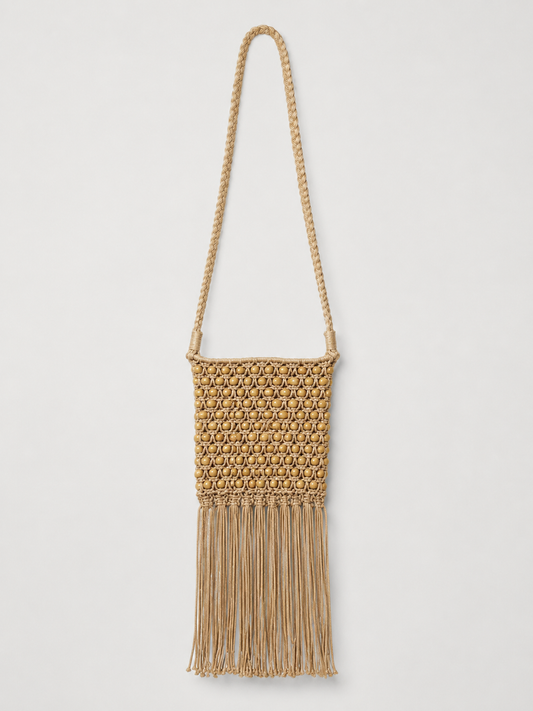 BOLSO BANDOLERA DE MACRAMÉ CON CUENTAS Y FLECOS