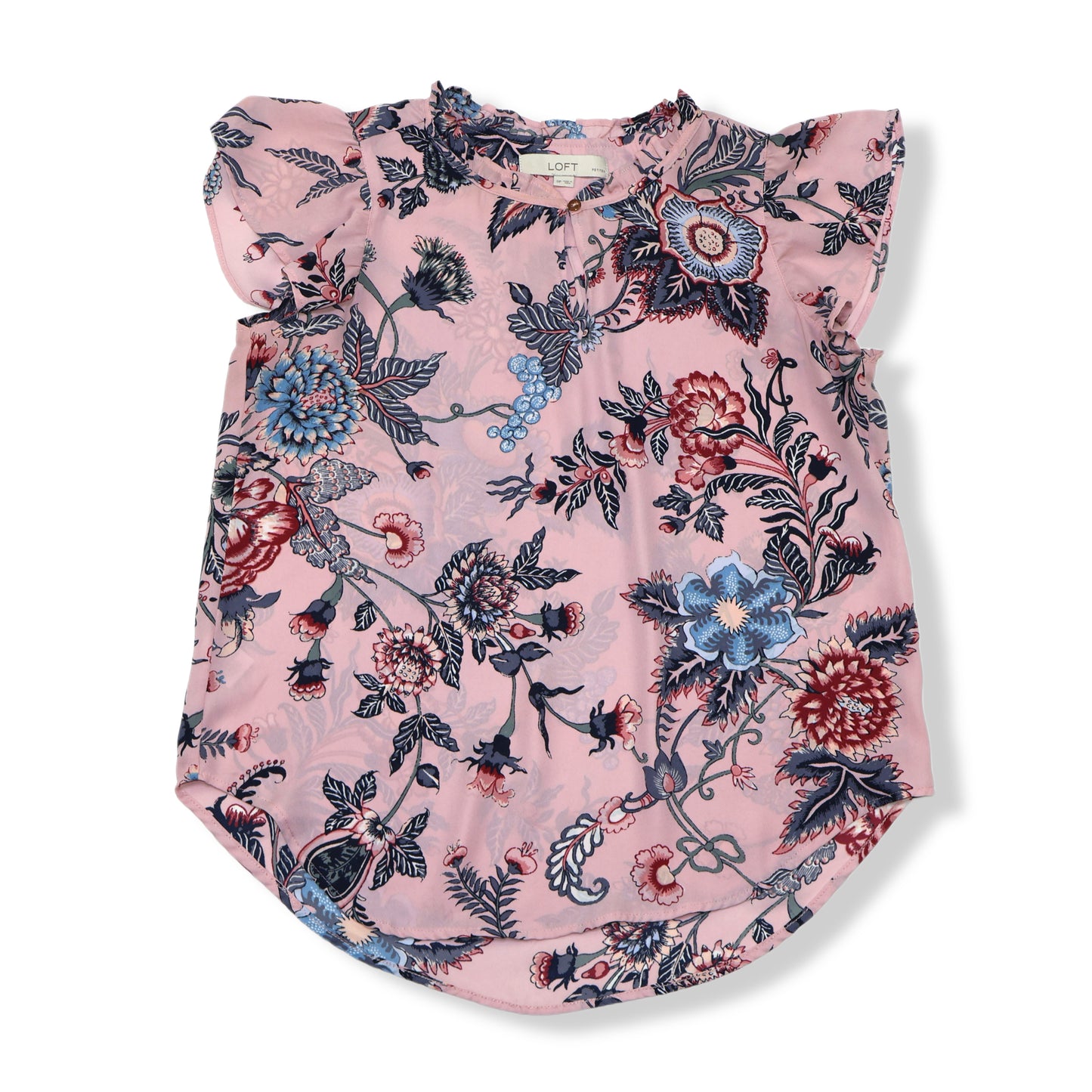 BLUSA ROSADA CON ESTAMPADO FLORAL Y MANGA CON VOLANTES | LOFT | TALLA S (PETITE)