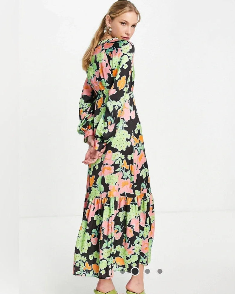 NUEVO CON ETIQUETA | VESTIDO MIDI FLORAL SATINADO MANGA LARGA | ASOS DESIGN | TALLA 6 (M)