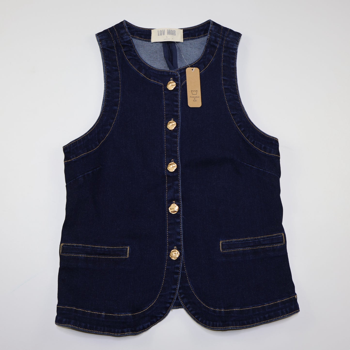 NUEVO CON ETIQUETA | CHALECO DENIM AZUL OSCURO CON BOTONES DORADOS | LOV MOR | TALLA S