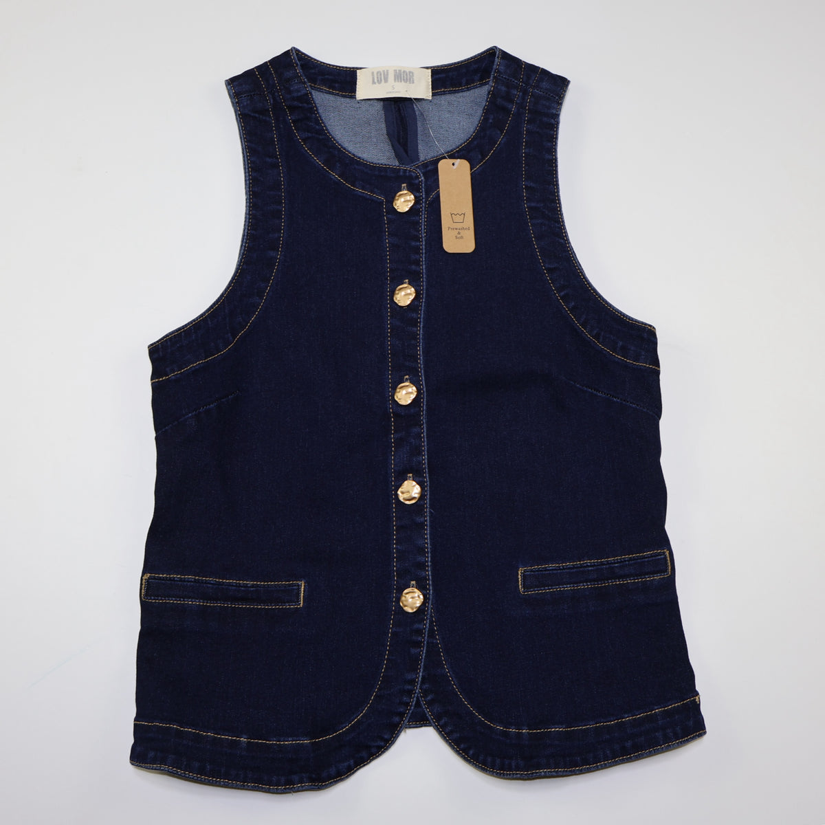 NUEVO CON ETIQUETA | CHALECO DENIM AZUL OSCURO CON BOTONES DORADOS | LOV MOR | TALLA S