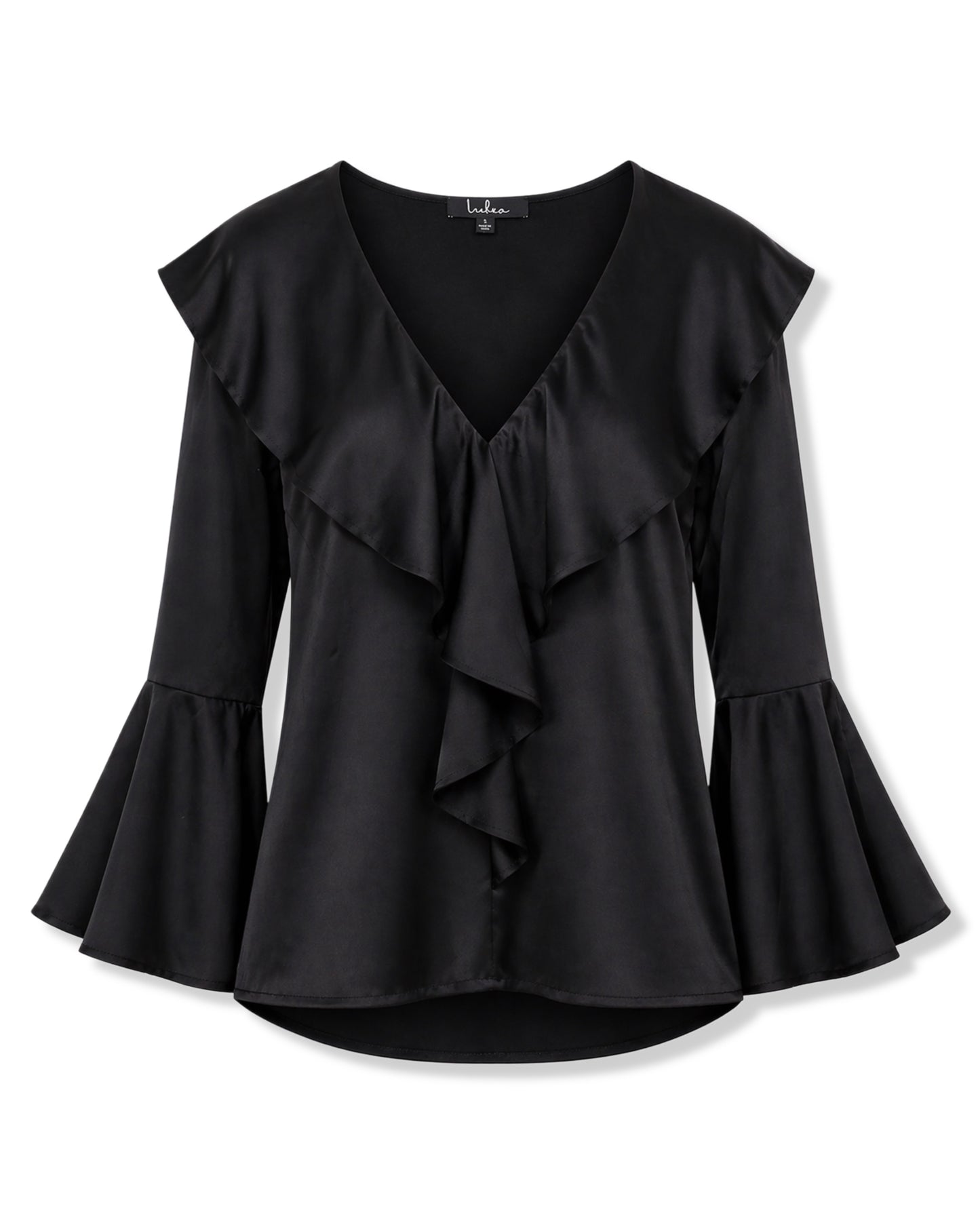 BLUSA NEGRA SATINADA CON VOLANTES Y MANGAS ACAMPANADAS | LULUS | TALLA S