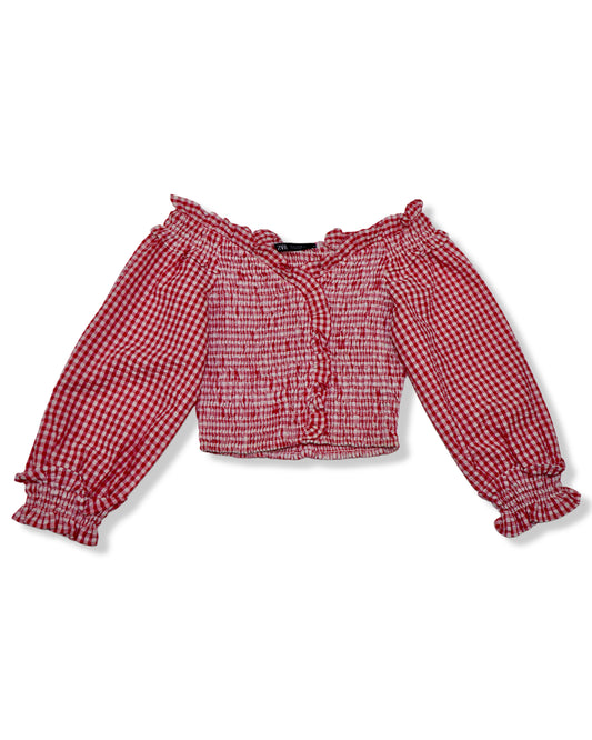 TOP FRUNCIDO DE CUADROS VICHY ROSADO Y BLANCO | ZARA | TALLA S