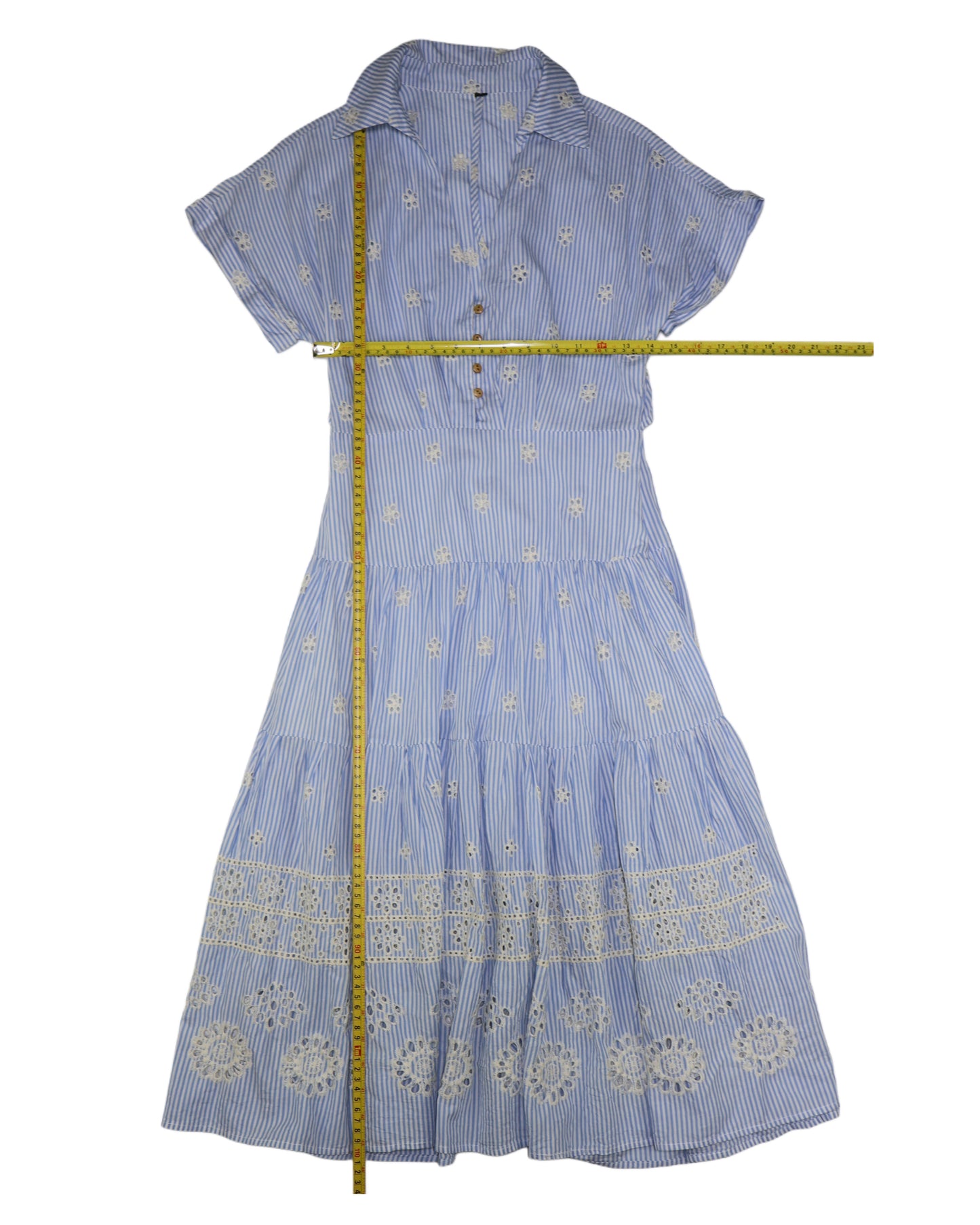 VESTIDO MIDI RAYAS AZUL CON BORDADO EYELET | TALLA S