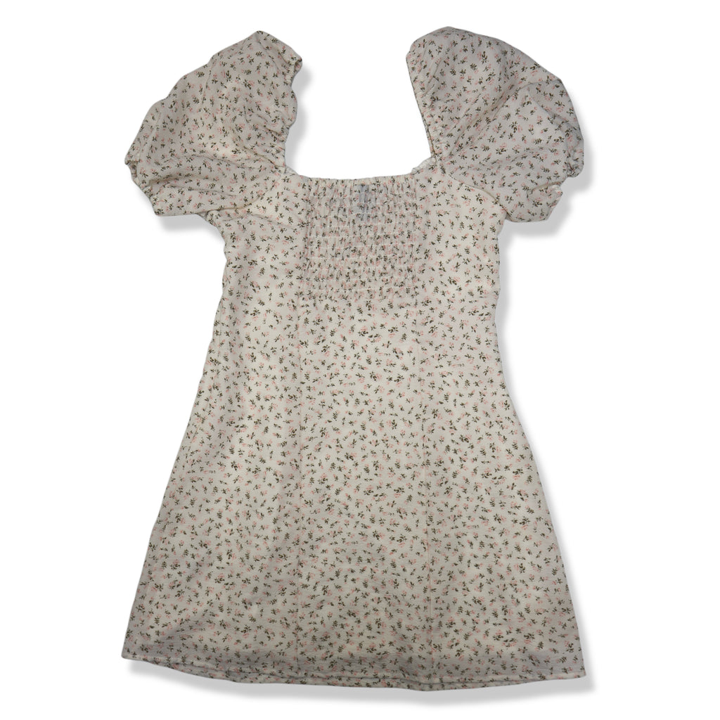 VESTIDO CORTO CON MANGAS ABULLONADAS Y ESTAMPADO FLORAL | H&M | TALLA S
