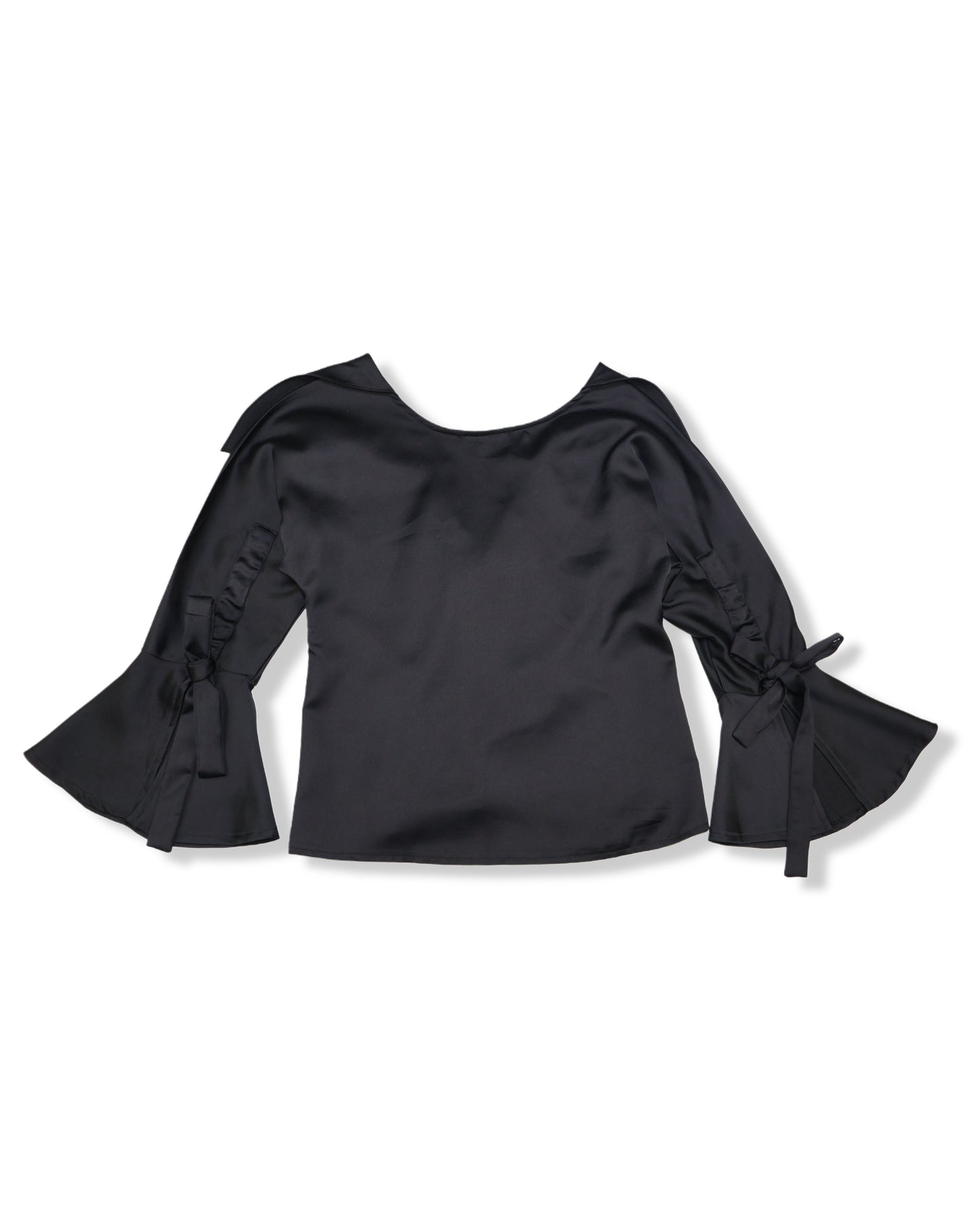 BLUSA NEGRA SATINADA CON VOLANTES Y MANGAS ACAMPANADAS | LULUS | TALLA S