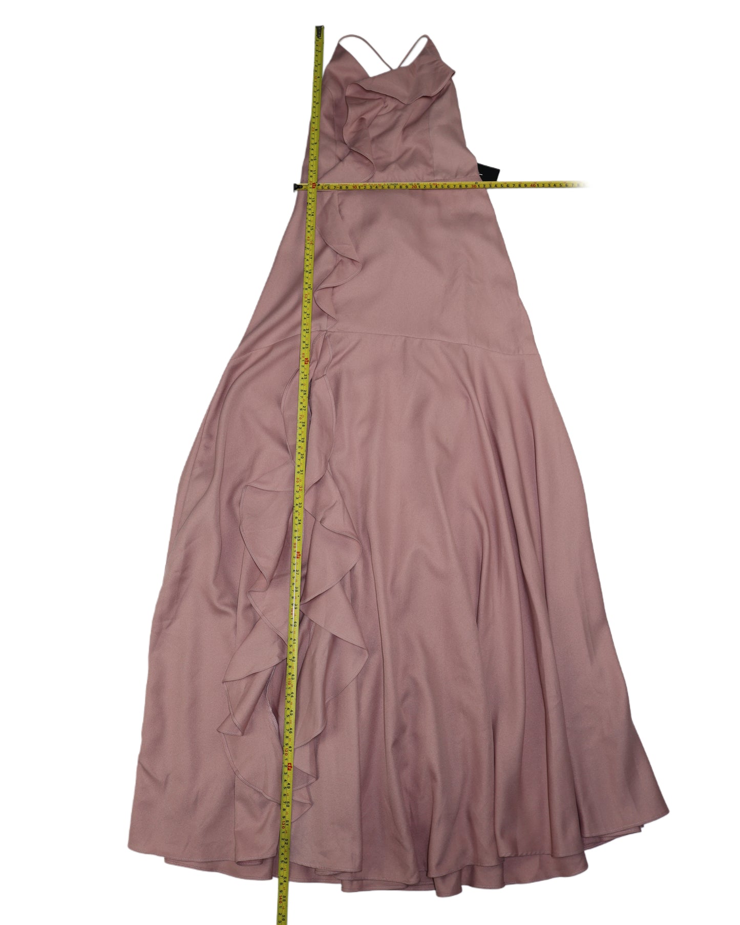 NUEVO CON ETIQUETA | VESTIDO MAXI ROSADO CON VOLANTES Y ESPALDA CRUZADA | LULUS | TALLA S