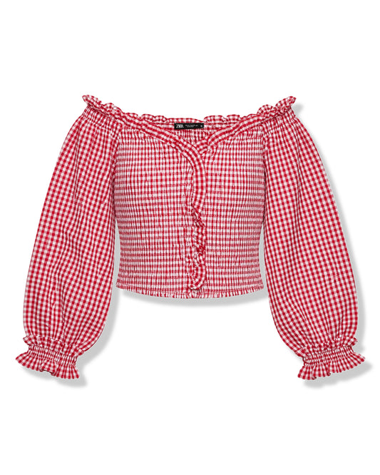TOP FRUNCIDO DE CUADROS VICHY ROSADO Y BLANCO | ZARA | TALLA S