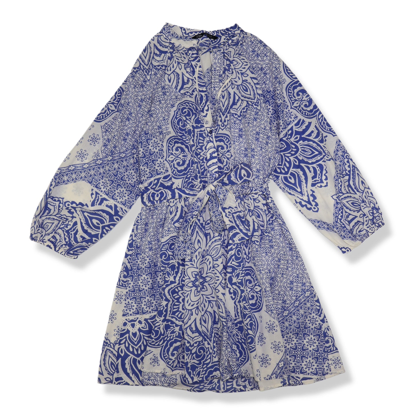 VESTIDO MINI CON ESTAMPADO AZUL Y BLANCO MANGA LARGA | ZARA | TALLA S
