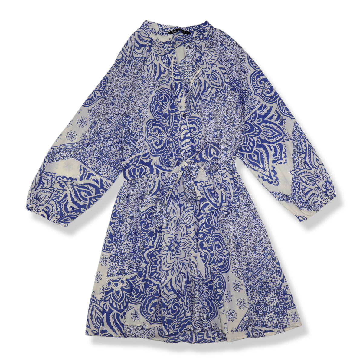 VESTIDO MINI CON ESTAMPADO AZUL Y BLANCO MANGA LARGA | ZARA | TALLA S