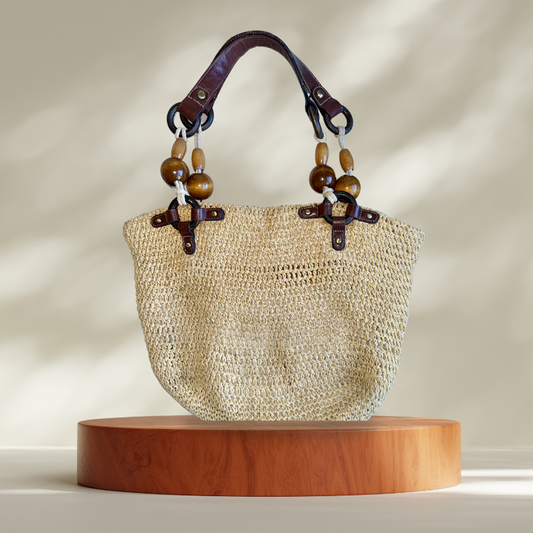 TOTE DE RAFIA VINTAGE CON DETALLES DE MADERA | FOSSIL