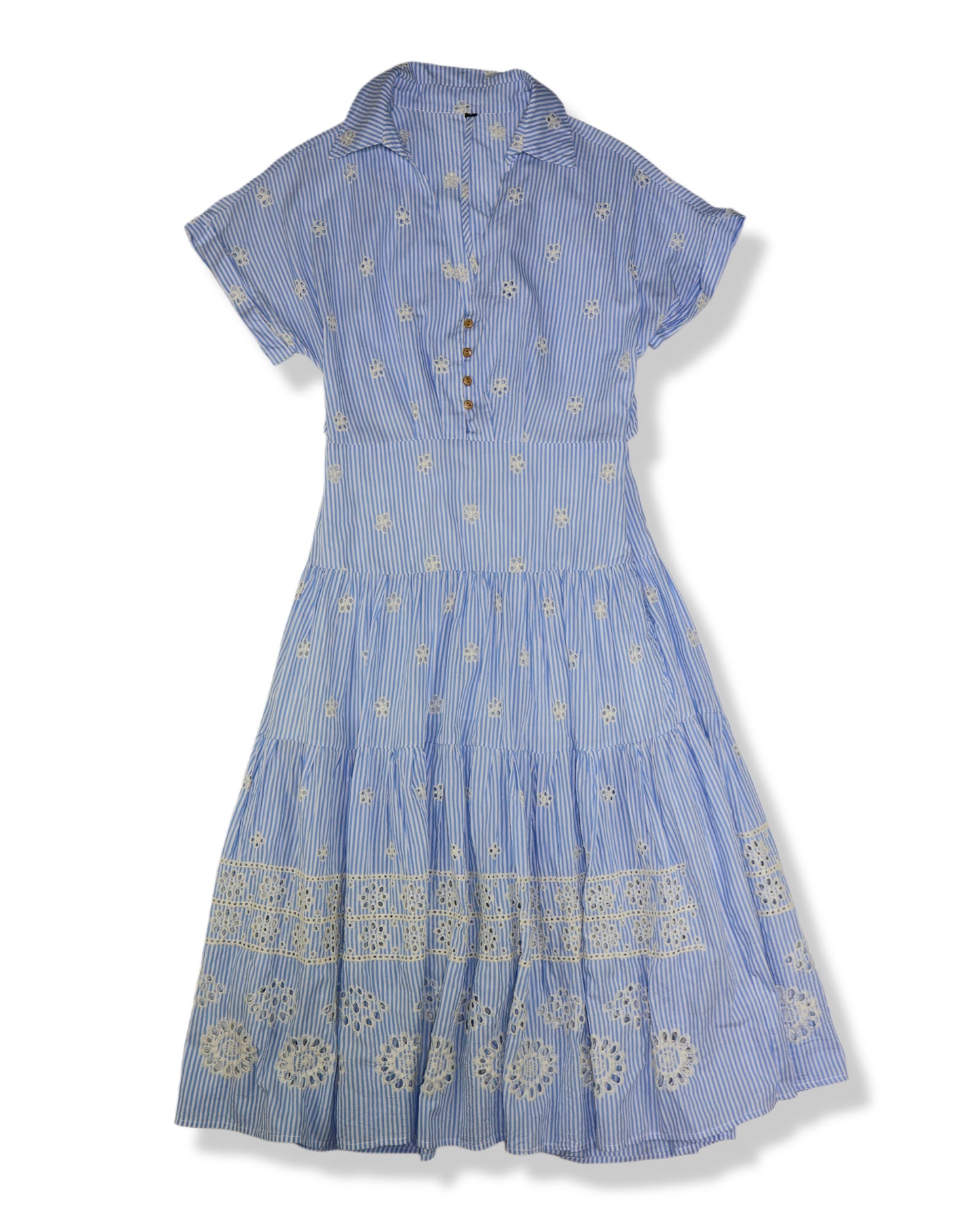 VESTIDO MIDI RAYAS AZUL CON BORDADO EYELET | TALLA S