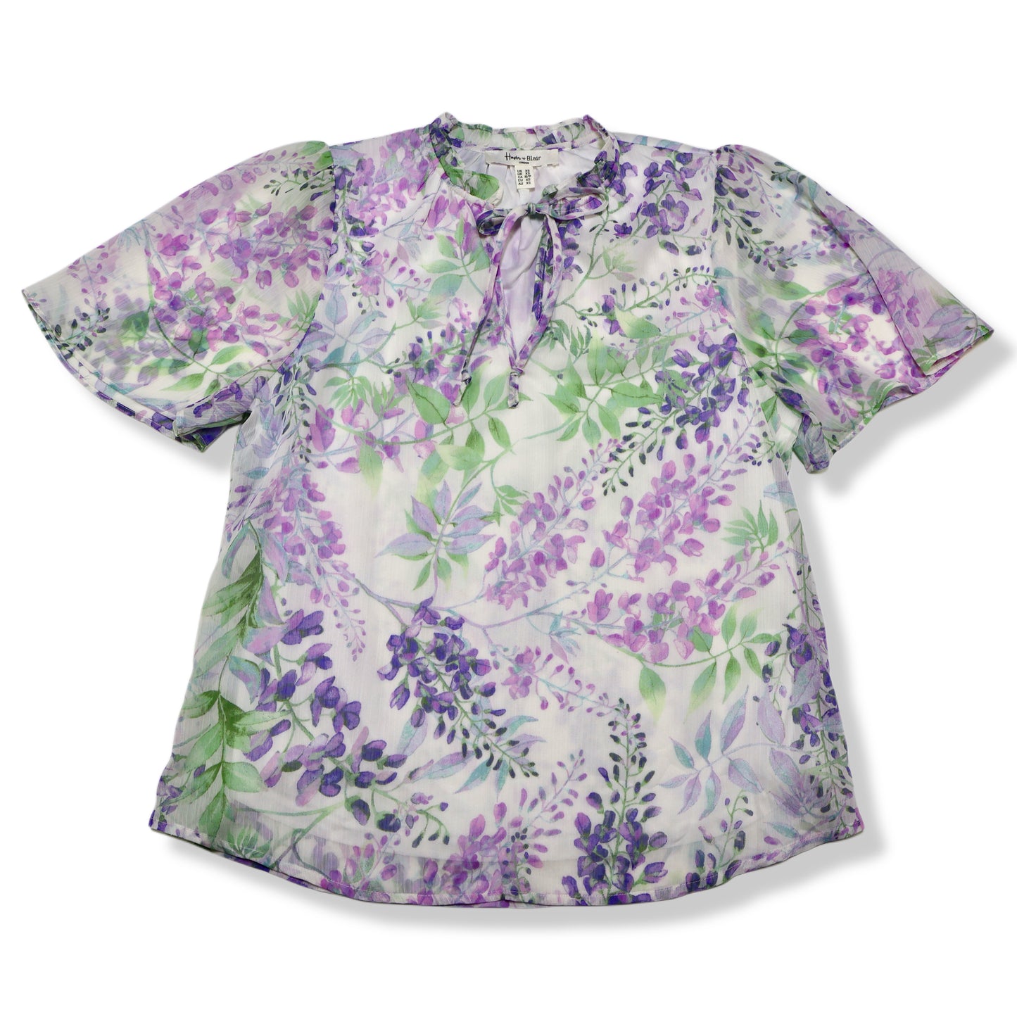 BLUSA CON ESTAMPADO FLORAL LILA CON LAZO EN EL CUELLO | HAVEN + BLAIR | TALLA XS