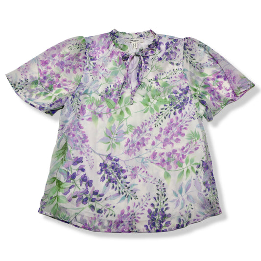 BLUSA CON ESTAMPADO FLORAL LILA CON LAZO EN EL CUELLO | HAVEN + BLAIR | TALLA XS