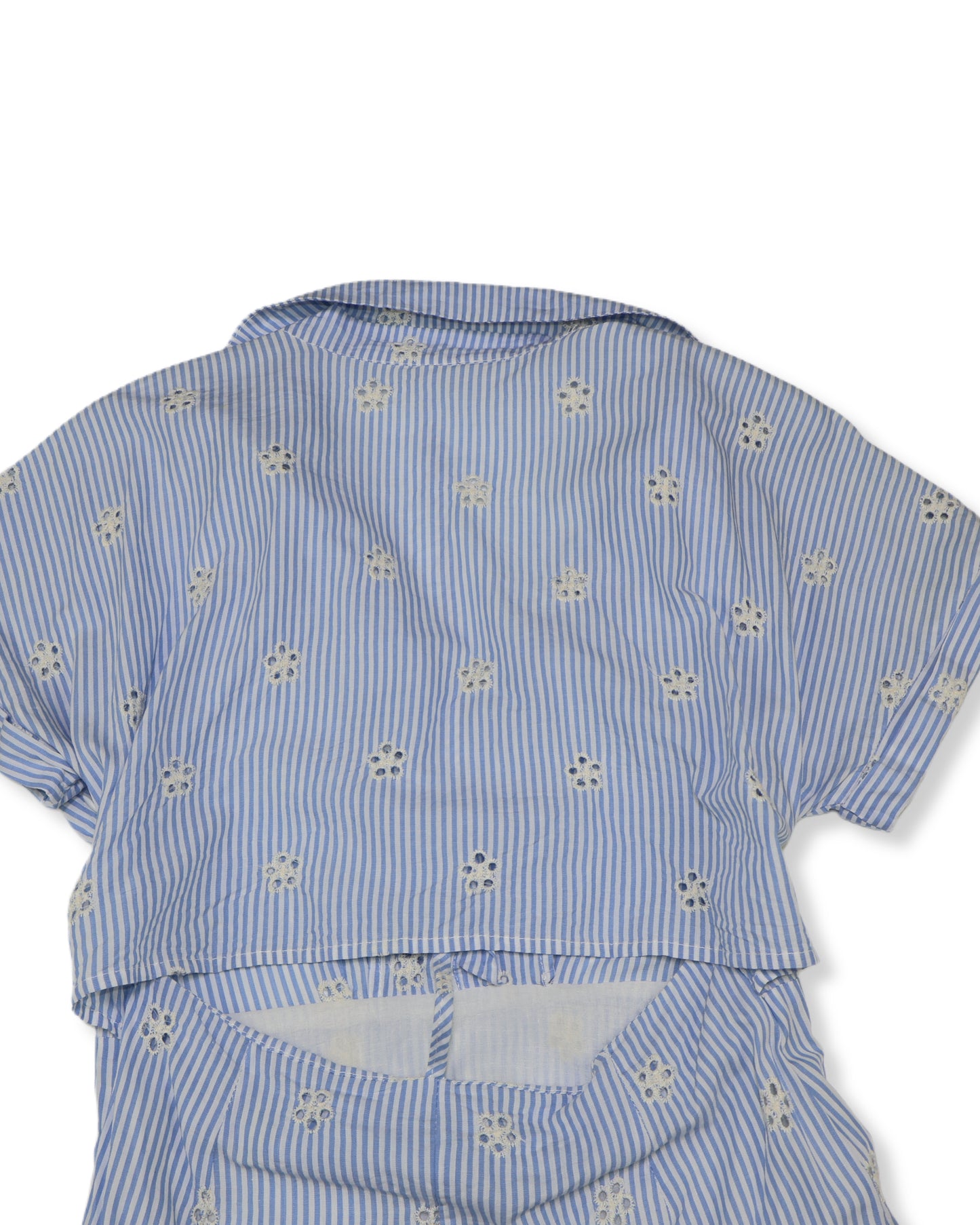 VESTIDO MIDI RAYAS AZUL CON BORDADO EYELET | TALLA S