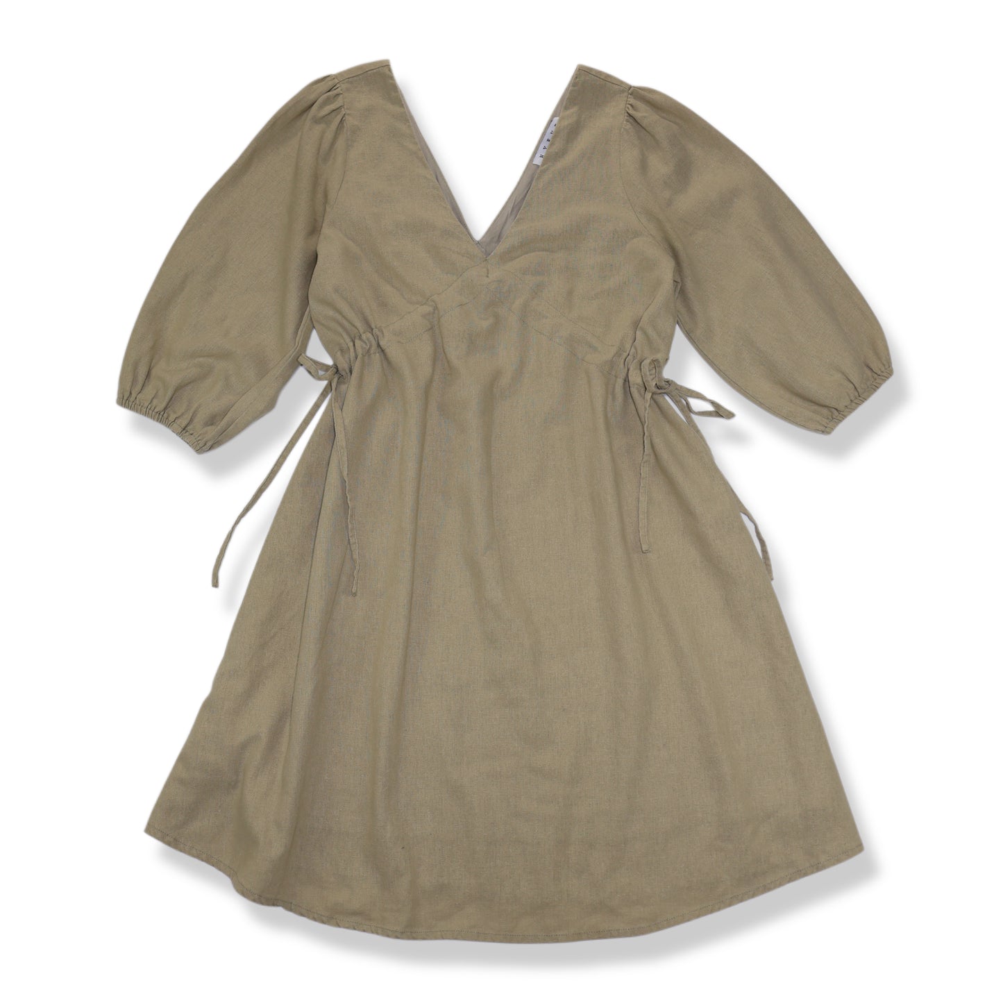 VESTIDO MINI DE LINO VERDE OLIVO CON ESCOTE EN V Y AJUSTE LATERAL | HYFVE | TALLA S
