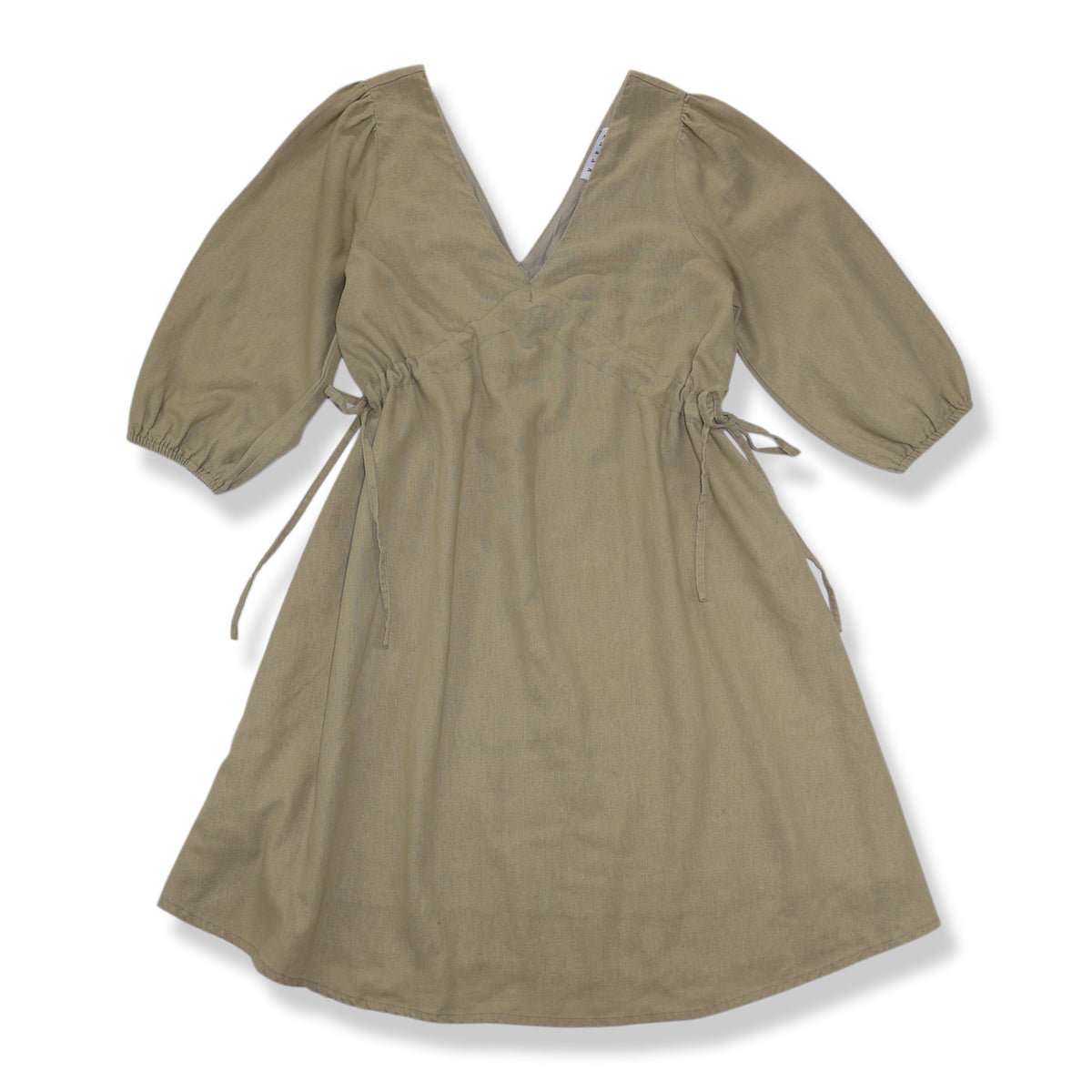 VESTIDO MINI DE LINO VERDE OLIVO CON ESCOTE EN V Y AJUSTE LATERAL | HYFVE | TALLA S
