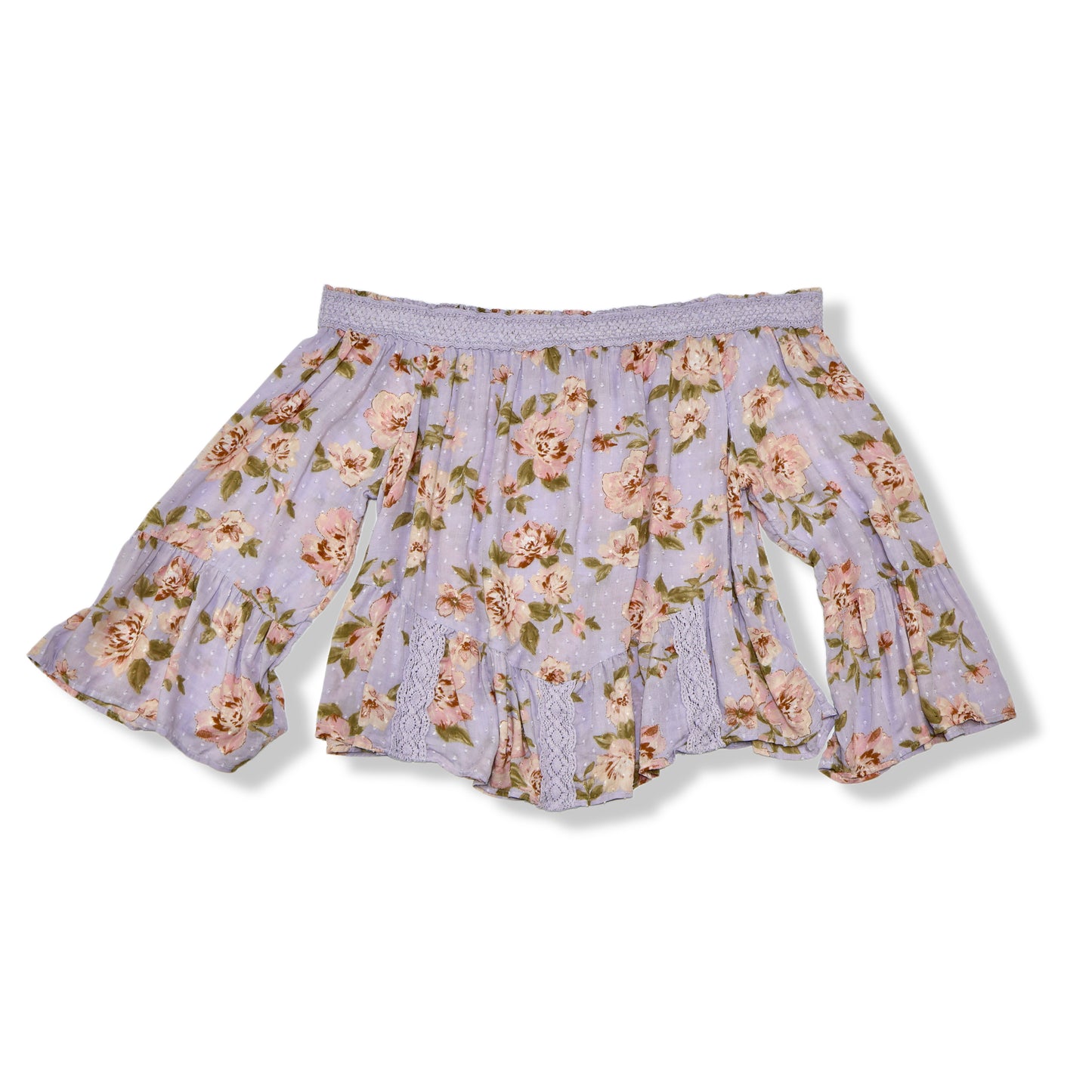 BLUSA OFF-SHOULDER CON ESTAMPADO FLORAL LILA | AMERICAN EAGLE OUTFITTERS | TALLA XXL