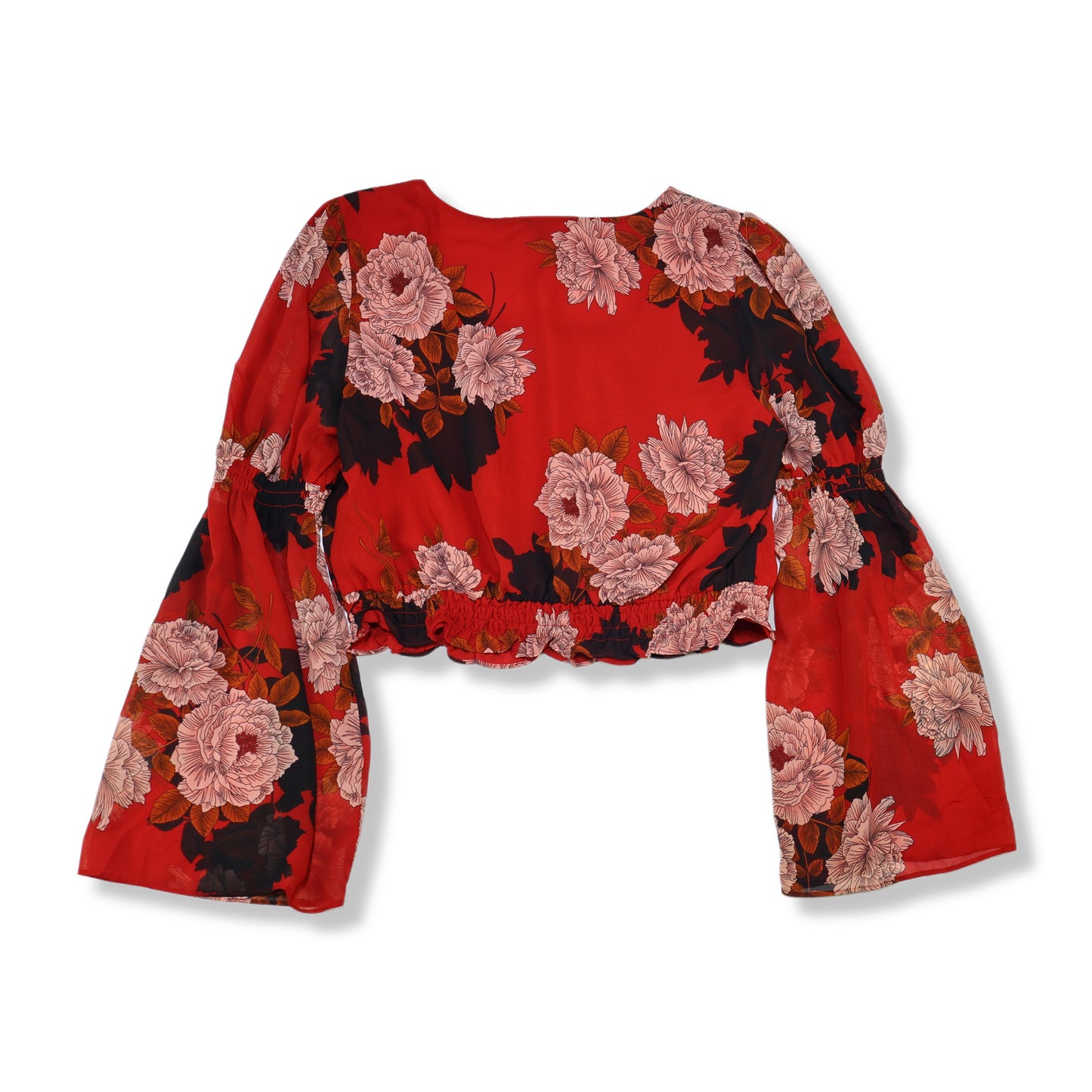BLUSA CORTA ROJA FLORAL CON MANGAS ACAMPANADAS | GUESS | TALLA XL