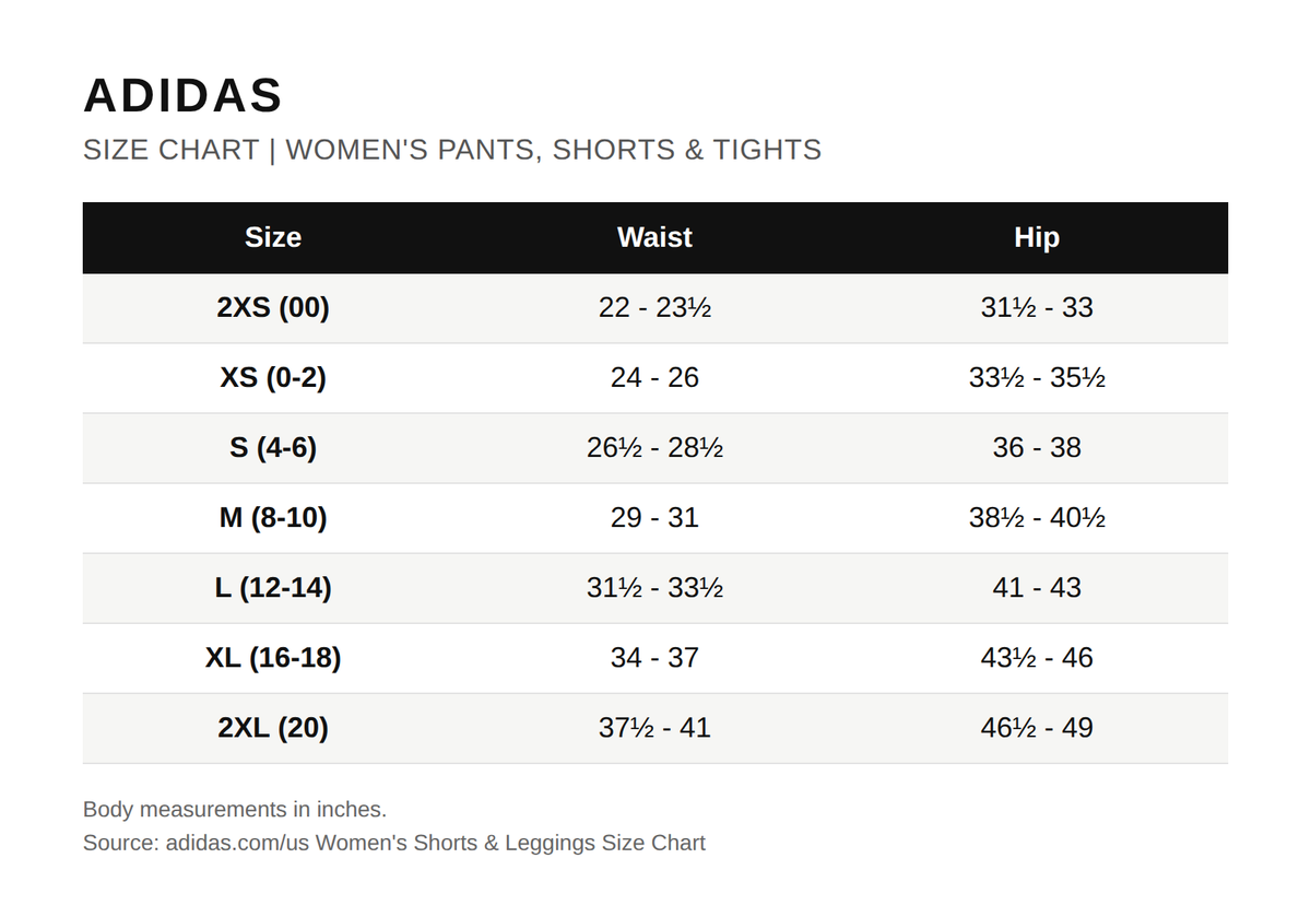 Tabla de tallas oficial de adidas (bottoms mujer)