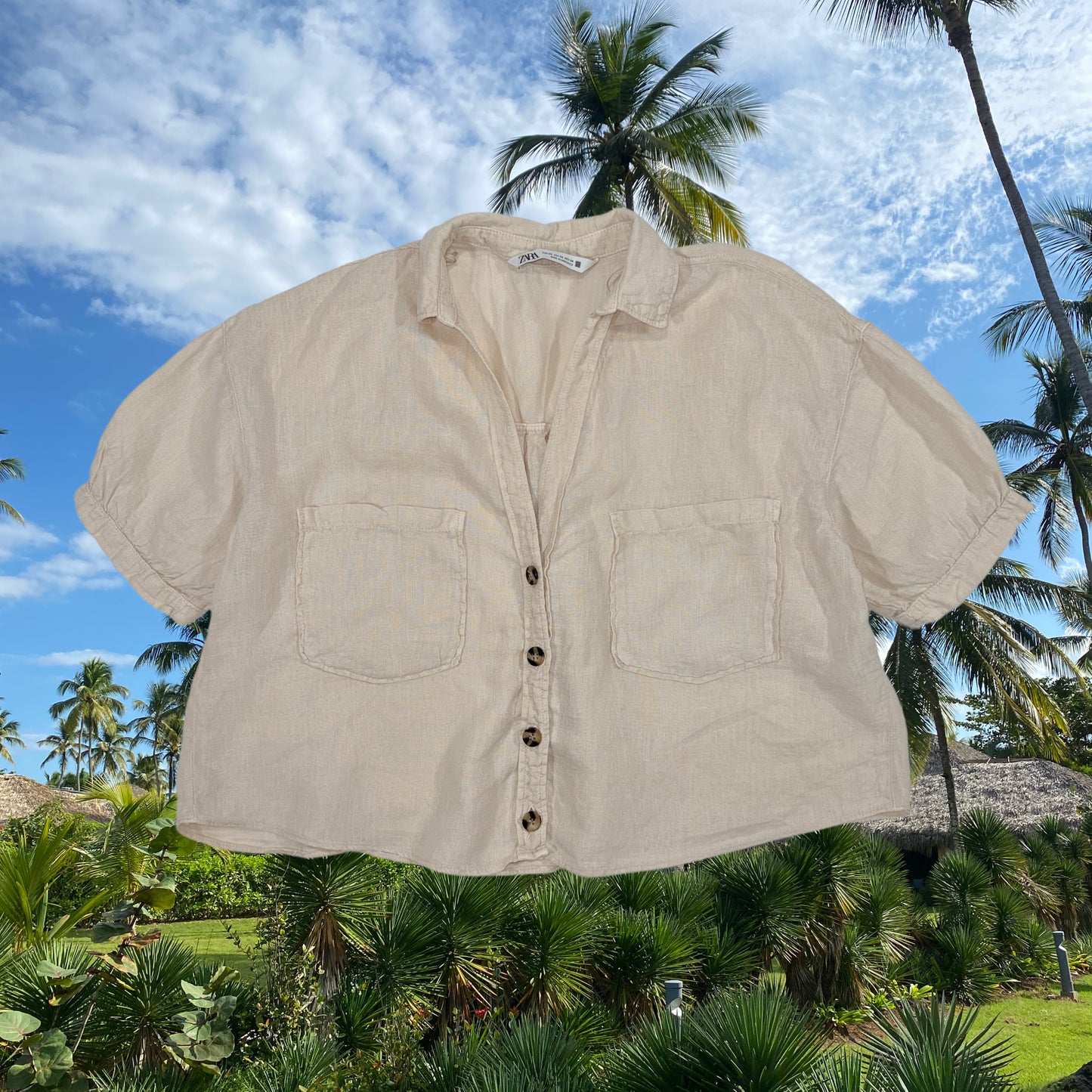 CAMISA DE LINO MANGA CORTA | ZARA | XS (Oversize)