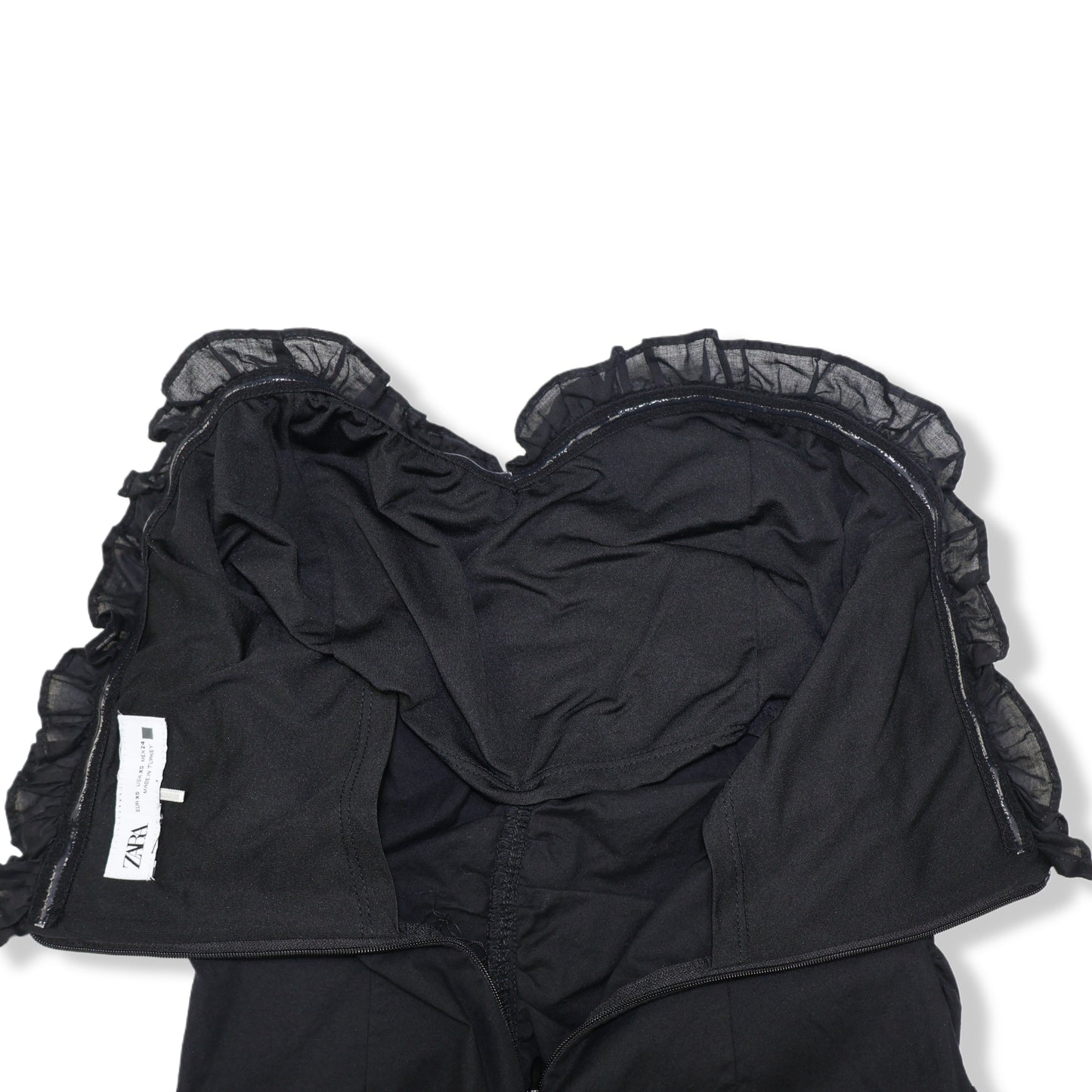 VESTIDO STRAPLESS NEGRO CON DRAPEADO Y VOLANTES | ZARA |  TALLA XS