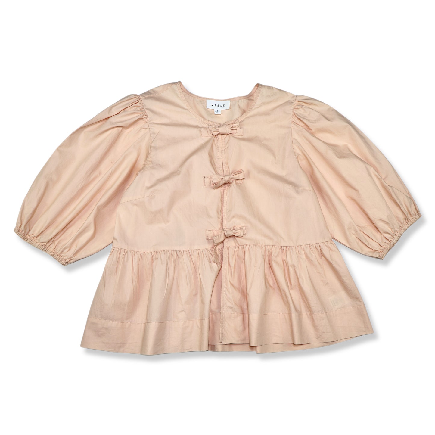 BLUSA PEPLUM CON LAZOS FRONTALES Y MANGAS ABULLONADAS | MABLE | TALLA S