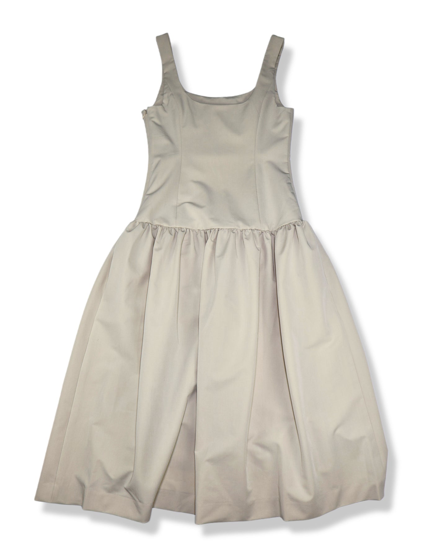 NUEVO CON ETIQUETA | VESTIDO MIDI BEIGE CORTE DROP WAIST CON FALDA AMPLIA | ENDLESS ROSE | TALLA S