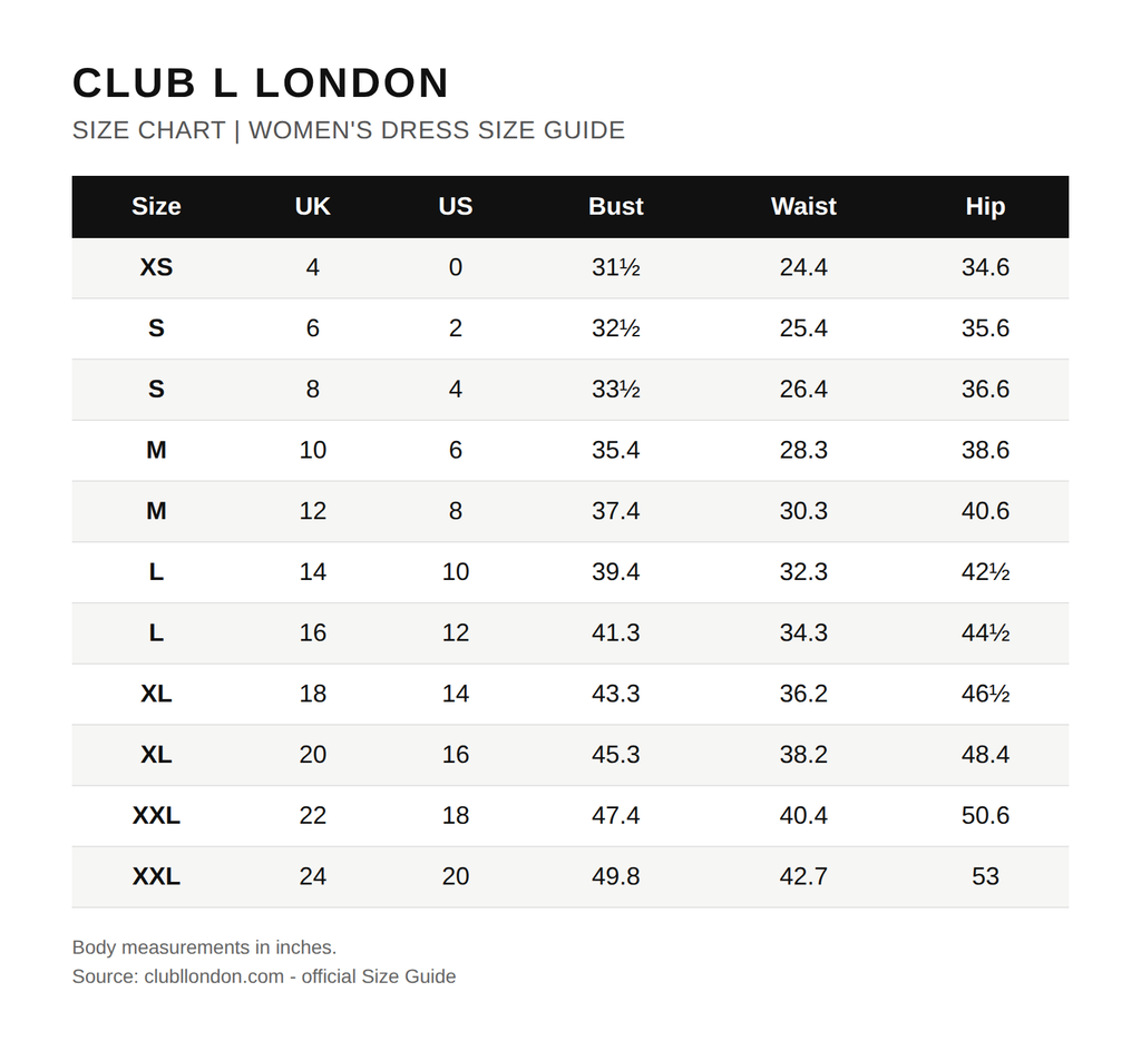 Tabla de tallas oficial de Club L London