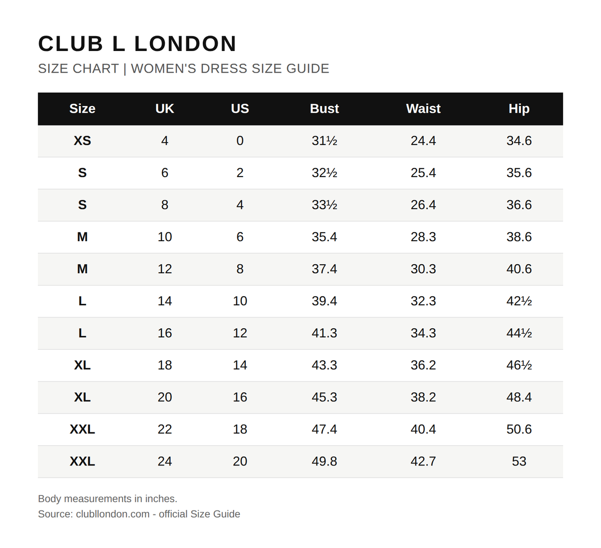 Tabla de tallas oficial de Club L London