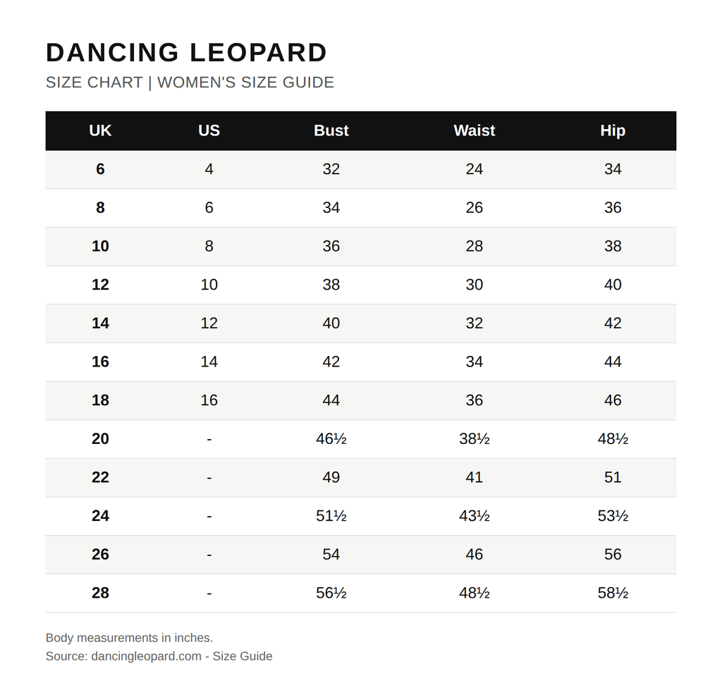 Tabla de tallas oficial de Dancing Leopard
