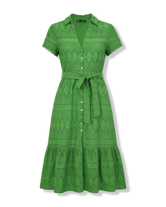VESTIDO MIDI VERDE CON BORDADO TIPO EYELET | ZERO INON | TALLA XS