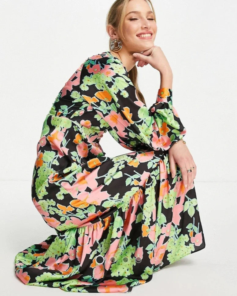 NUEVO CON ETIQUETA | VESTIDO MIDI FLORAL SATINADO MANGA LARGA | ASOS DESIGN | TALLA 6 (M)