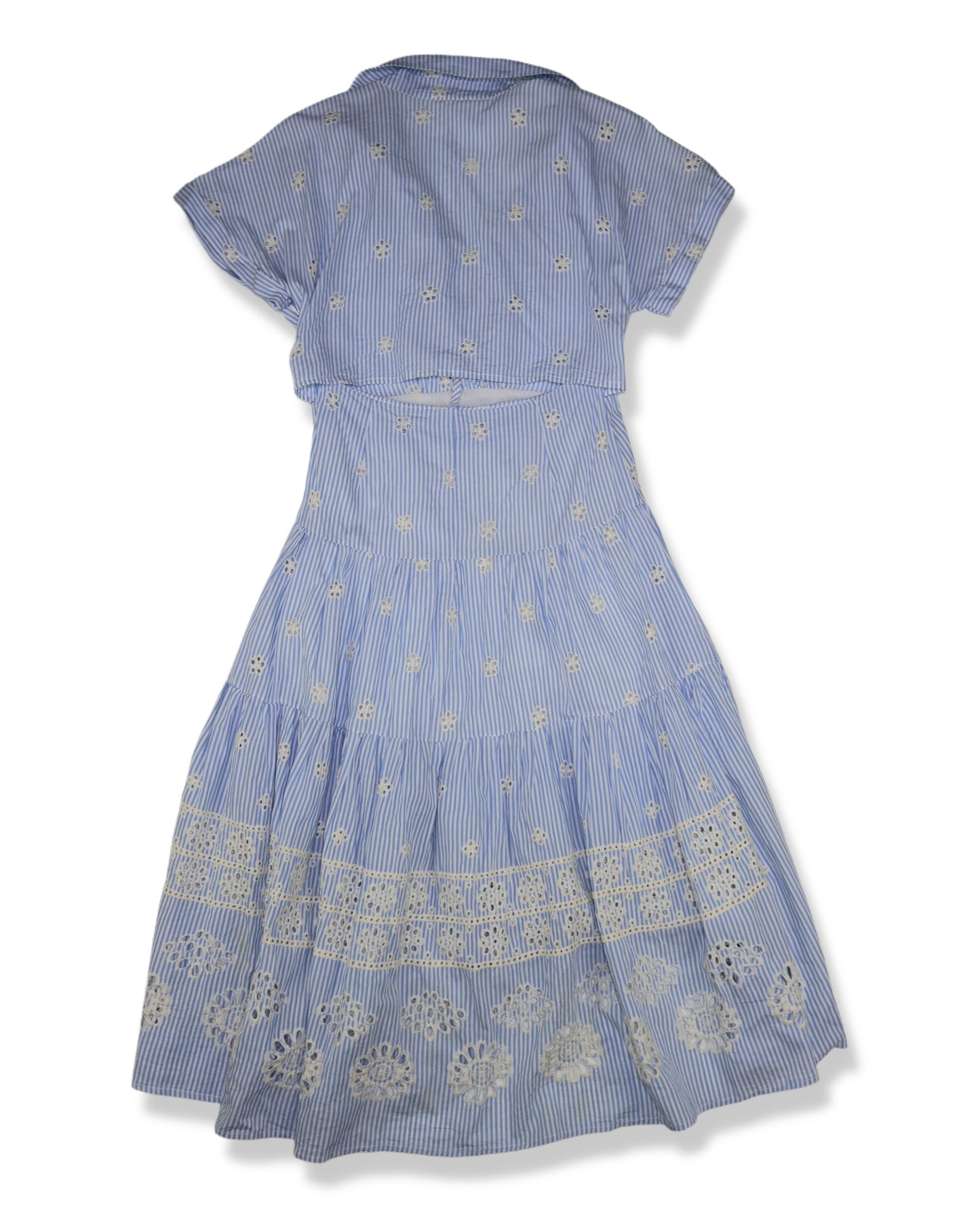 VESTIDO MIDI RAYAS AZUL CON BORDADO EYELET | TALLA S