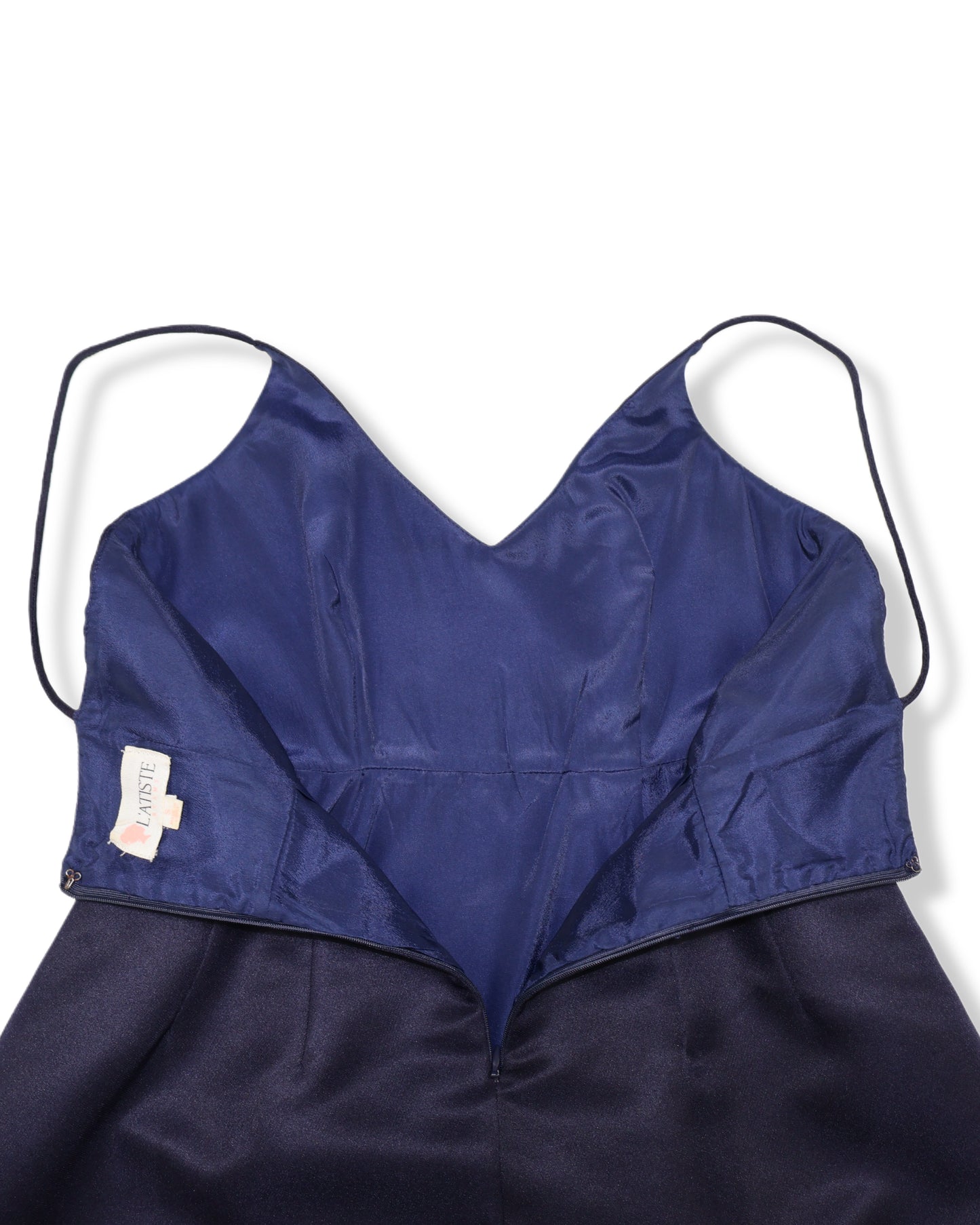 VESTIDO MINI SATINADO AZUL MARINO CON TIRANTES FINOS | L’ATISTE | TALLA S