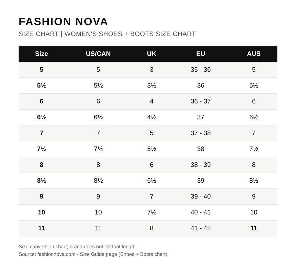 Tabla de tallas oficial de Fashion Nova