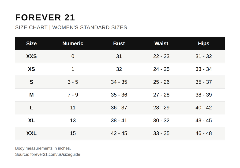 Tabla de tallas oficial de Forever 21